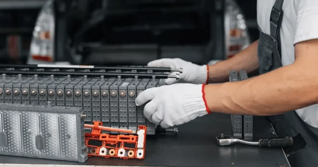A specialist inspecting a large, multi-cell hybrid vehicle battery pack on a workbench.