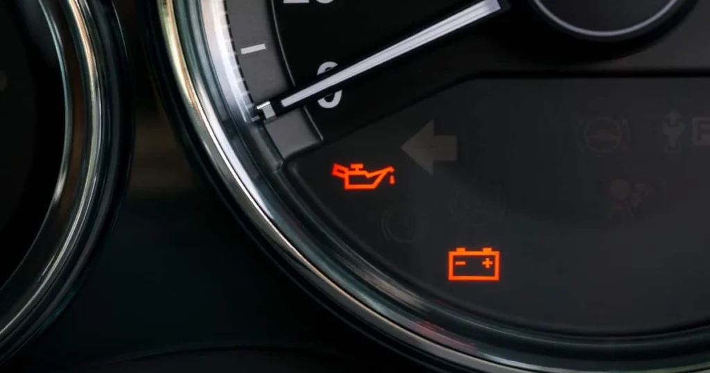 Close-up of a car dashboard showing illuminated red warning icons for low oil pressure and battery charging issues.