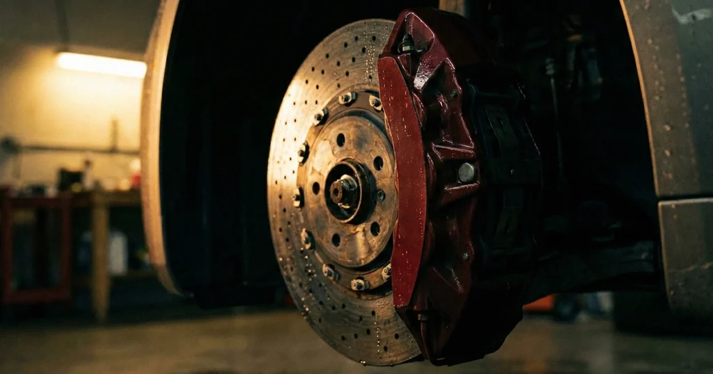 Close-up of car brake disc with red caliper in workshop.