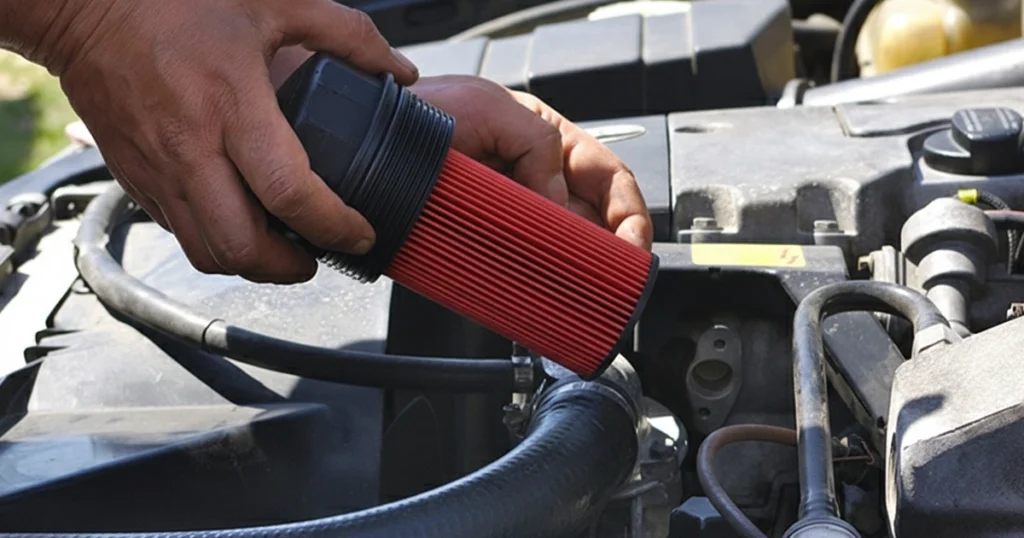 Installing a new oil filter in a car engine compartment.