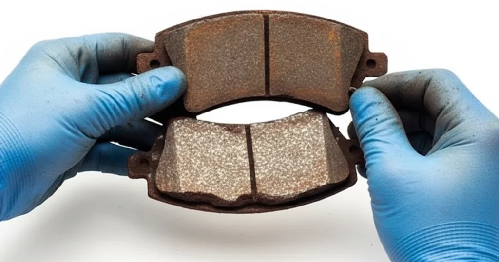 Comparing worn and new car brake pads by hand.