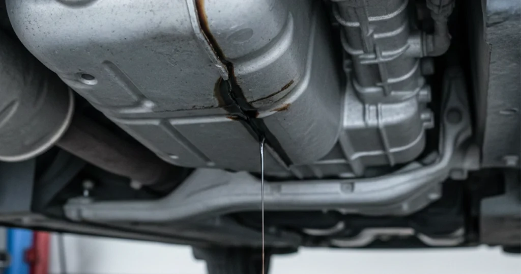 Engine oil leaking from car underbody in garage.