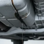 Engine oil leaking from car underbody in garage.