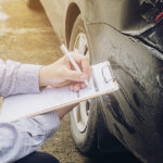 An investigator writes on a clipboard while inspecting a car's smashed taillight and bumper scratches after an accident.