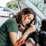 Injured woman leans on a steering wheel with blood on her face and arm; a police car sits in the background of the accident.