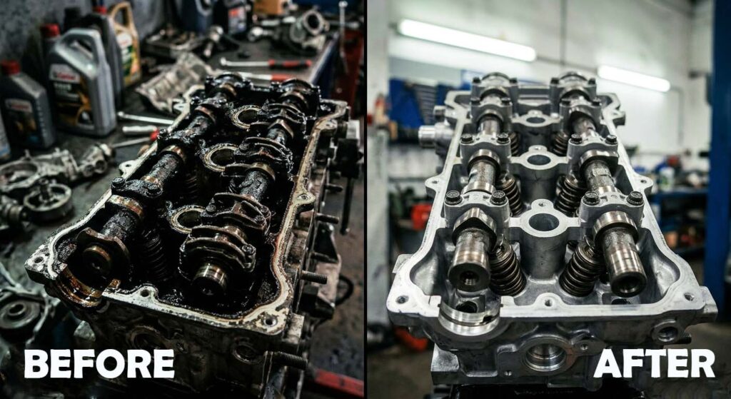 Before-and-after of engine cylinder head after oil flush: left with thick sludge, right cleaned to bright silver metal.