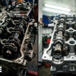 Before-and-after of engine cylinder head after oil flush: left with thick sludge, right cleaned to bright silver metal.