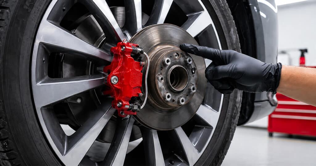 Brake rotor and red caliper being inspected by a mechanic.