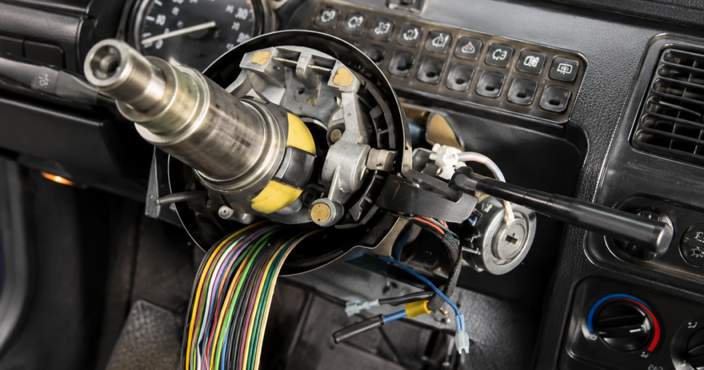 Exposed car steering column wiring and dashboard controls.