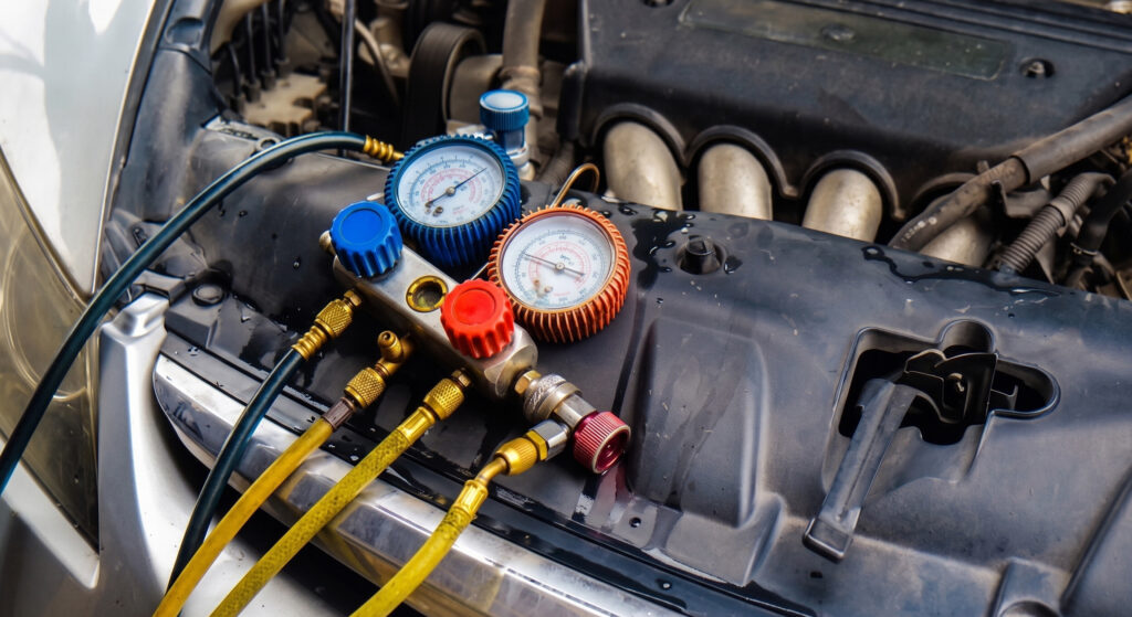 A close-up view of a car's engine bay with an AC manifold gauge set resting on the front plastic cover. The diagnostic tool features prominent blue and red pressure dials connected to thick yellow and blue hoses, typically used for servicing the vehicle's air conditioning system.