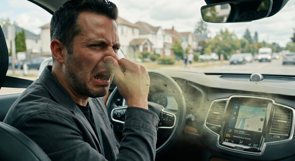 A man sitting in the driver's seat of a car, pinching his nose in disgust as visibly dirty, greenish air blows out of the dashboard vents