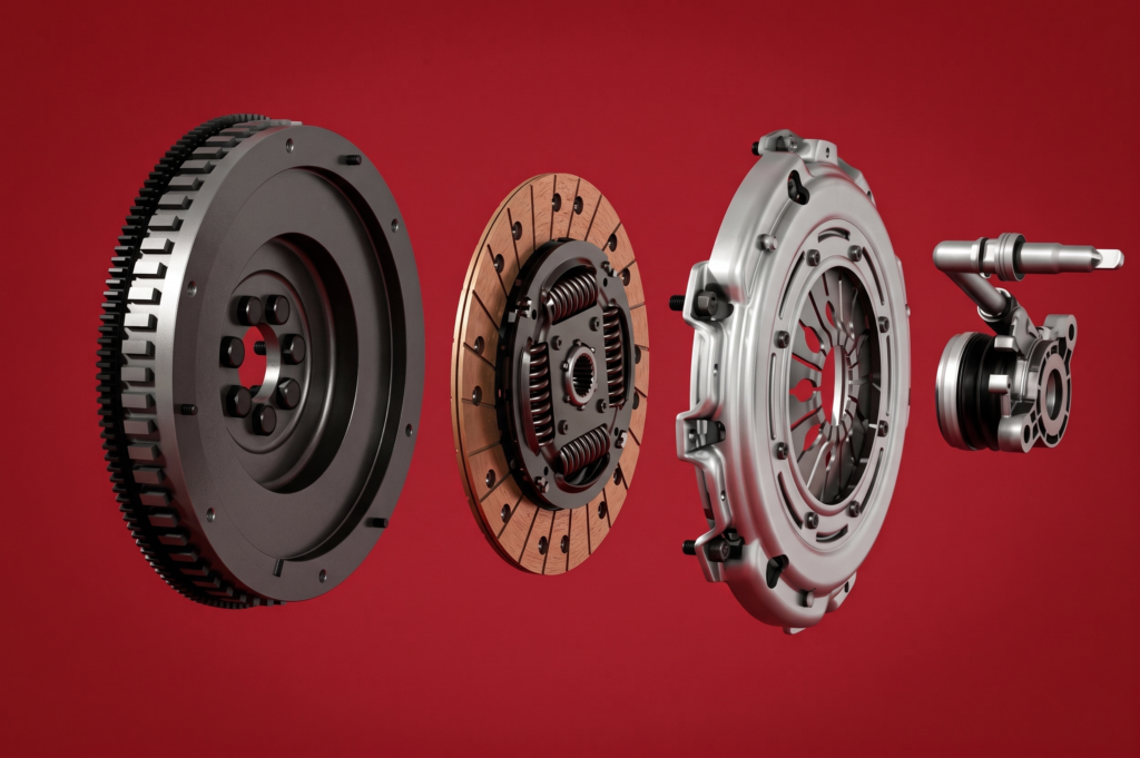 Exploded 3D rendering of an automotive clutch assembly on a dark red background, showing the flywheel, friction disc, pressure plate, and release bearing aligned from left to right.