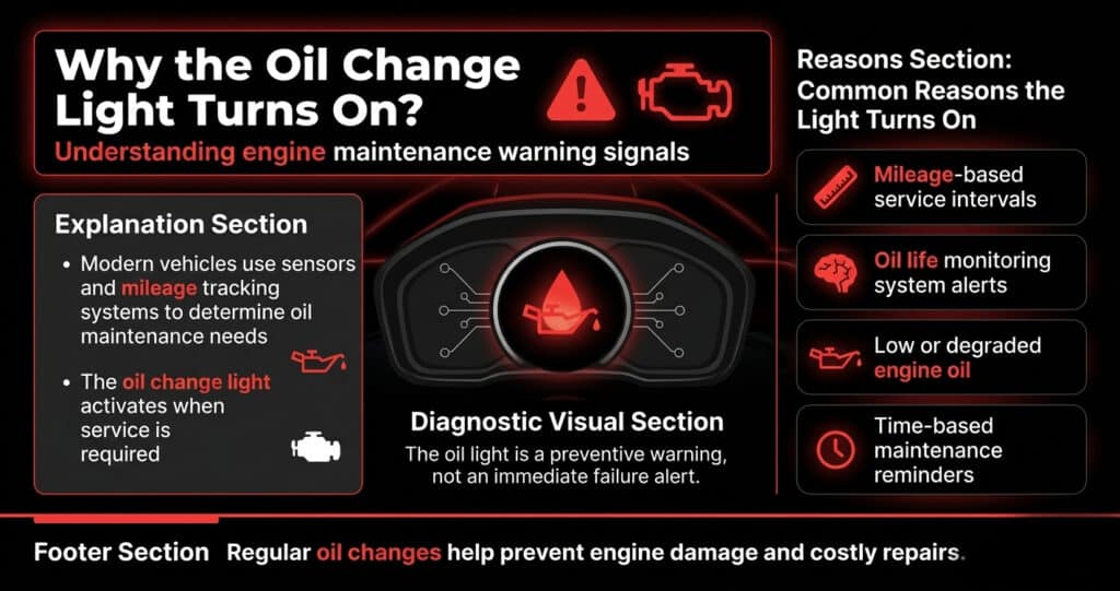 Infographic explaining common reasons an oil change light activates, including mileage and oil life monitoring.