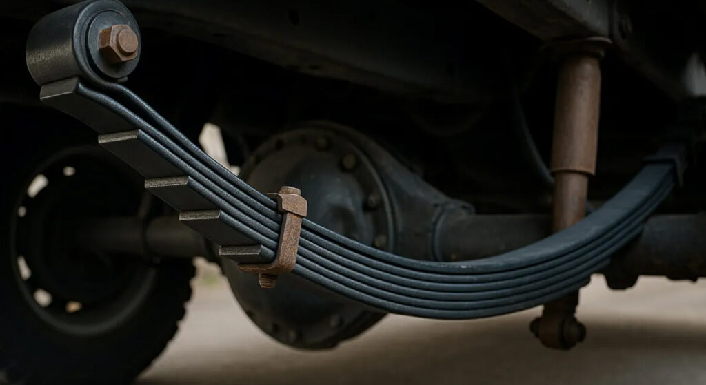 A close-up underneath a vehicle, focusing on a leaf spring suspension system attached to the rear axle.