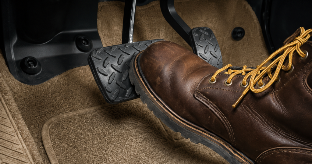 Brown leather boot pressing a car pedal on a beige floor mat.