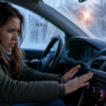 Woman in a cold car with frosted windows, reaching toward the dashboard vents as the heater fails.