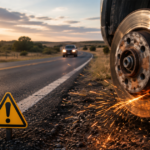 Close-up of a sparking car brake beside a Texas road with a warning sign and a vehicle in the distance.