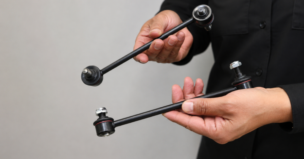 Person in a black shirt holding two sway bar links against a plain background.