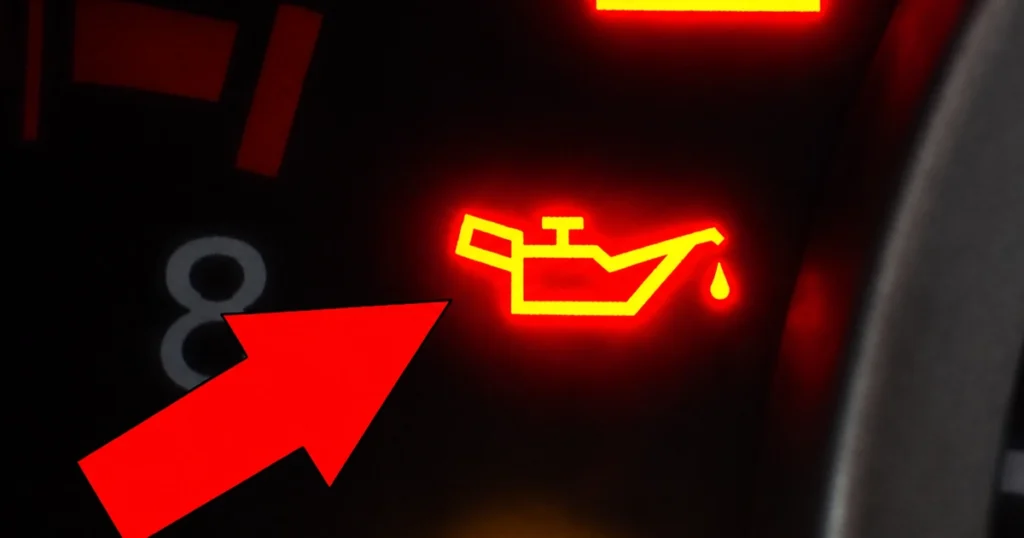 Red engine oil warning light illuminated on a car dashboard.