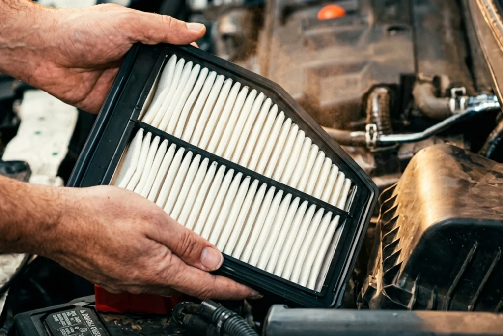 A person holding a new car air filter over an open engine compartment.