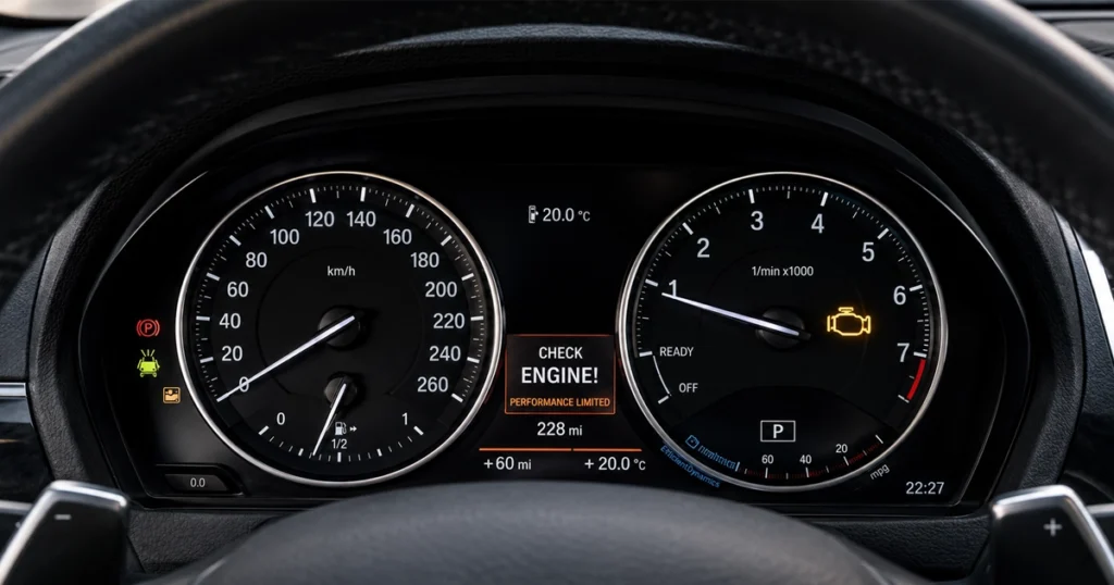 Car dashboard displaying an illuminated check engine warning.