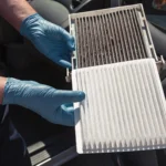 A mechanic wearing blue gloves compares a dirty, used car cabin air filter with a new, clean one.