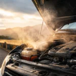Overheated car engine steaming beside a road.