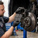 Mechanic installing new brake pads on a car.