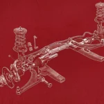 A technical diagram illustration of a vehicle's front suspension and steering assembly.