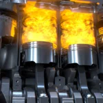 Close-up of engine pistons with bright combustion flames inside the cylinders.