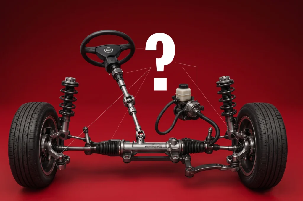 Diagram of a car steering system and suspension assembly against a red background with a large question mark.