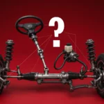 Diagram of a car steering system and suspension assembly against a red background with a large question mark.