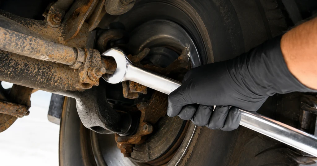 Mechanic using a wrench on the car suspension.