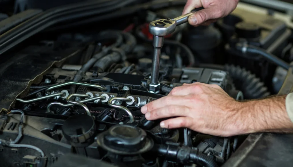 A mechanic inspecting and replacing spark plugs in a vehicle engine