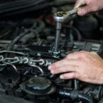 A mechanic inspecting and replacing spark plugs in a vehicle engine