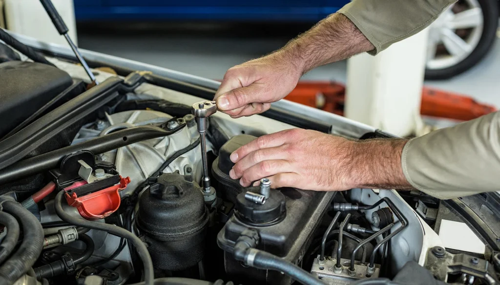 A mechanic cleaning fuel injectors during a vehicle engine service