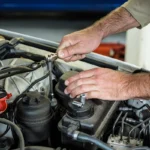 A mechanic cleaning fuel injectors during a vehicle engine service
