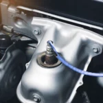 Close-up of an oxygen sensor installed in a car engine bay