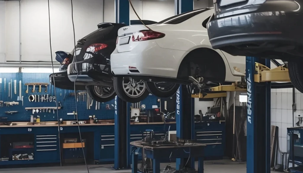 Cars are elevated on hydraulic lifts inside a bright, organized auto repair shop.