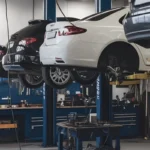Cars are elevated on hydraulic lifts inside a bright, organized auto repair shop.