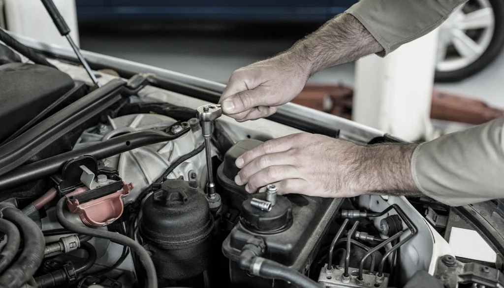 Hands using ratchet wrench to repair components under car hood.