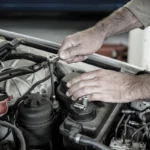 Hands using ratchet wrench to repair components under car hood.