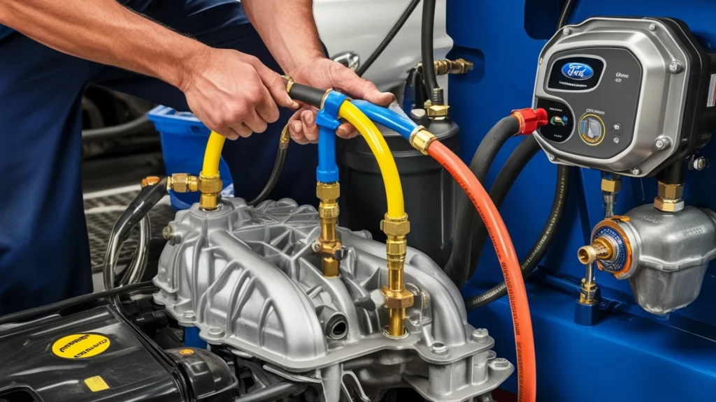 A mechanic connecting colorful diagnostic hoses to an engine block