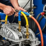 A mechanic connecting colorful diagnostic hoses to an engine block